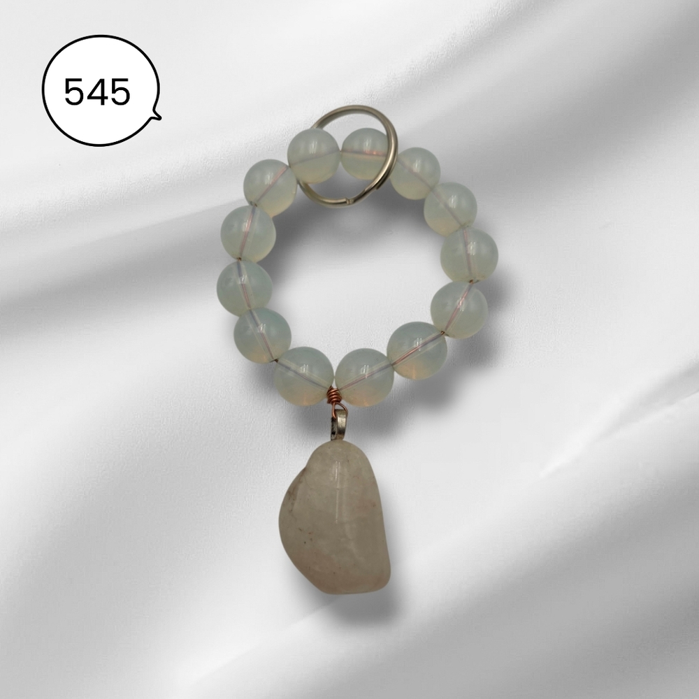 Handmade White Beaded Keychain with Clear Quartz Stone Pendant Charm